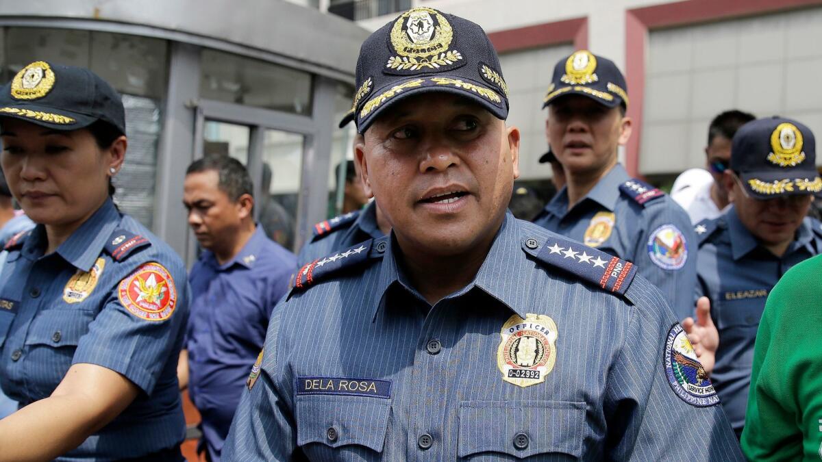 Philippine National Police Chief Ronald dela Rosa after an anti-terrorism exercise April 11 at a bus terminal in Quezon city, north of Manila.