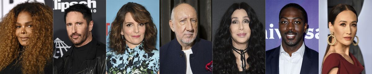 This combination of photos shows celebrities that have a birthday the week of May 16-22, from left, Janet Jackson, Trent Reznor, Tina Fey, Pete Townshend, Cher, David Ajala and Maggie Q. (AP Photo)