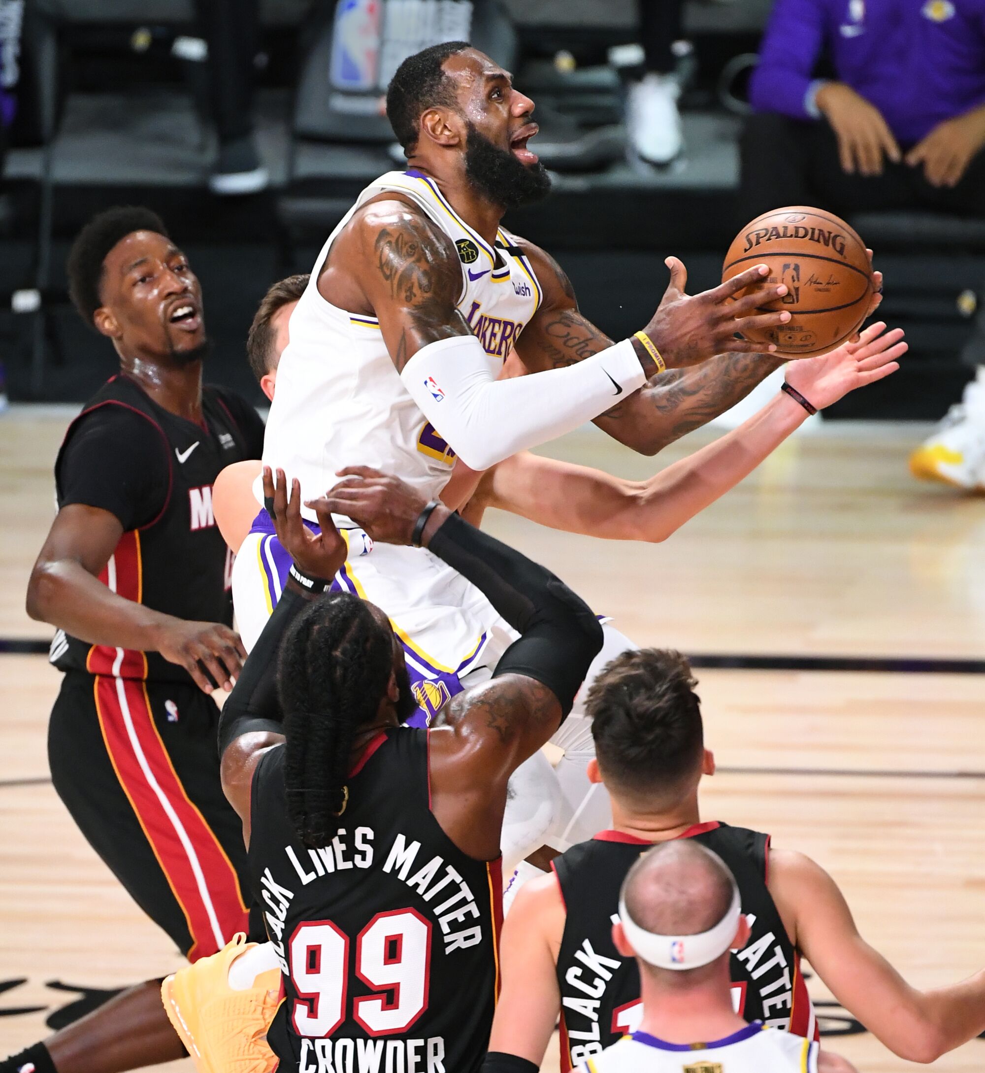 Lakers forward LeBron James puts up a shot over the Miami Heat.