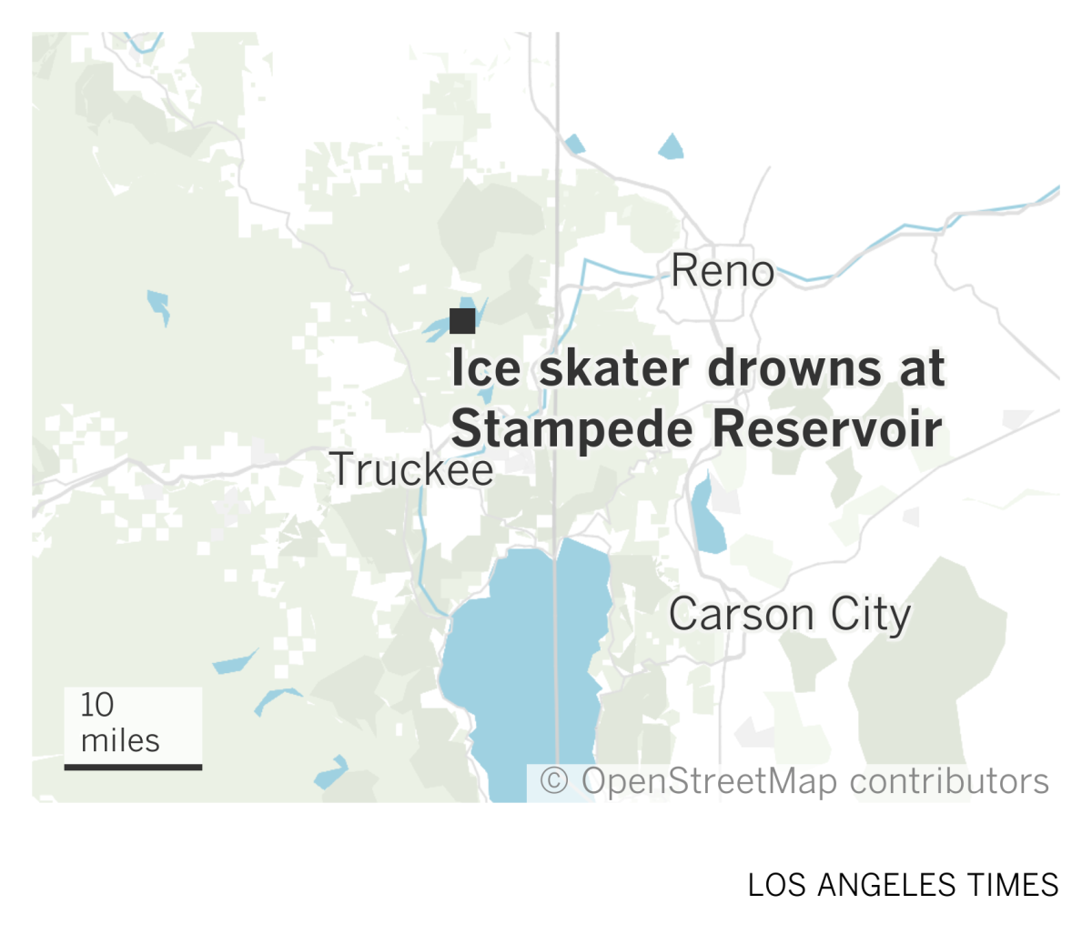 A map of the area north of Lake Tahoe showing where an ice skater fell into the water and drowned at Stampede Reservoir