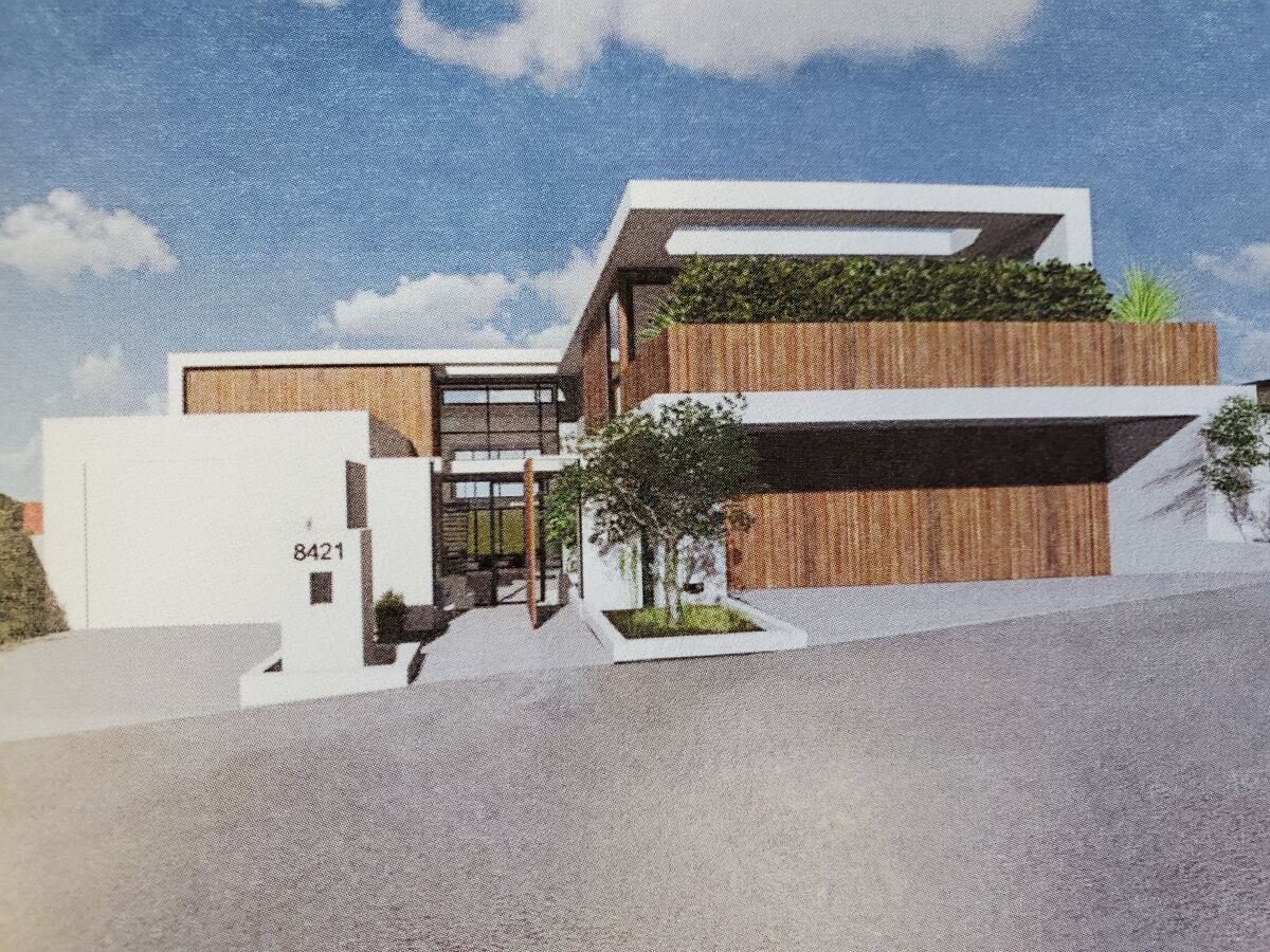 A rendering depicts a proposed three-story, 9,435-square-foot house at 8421 Whale Watch Way.