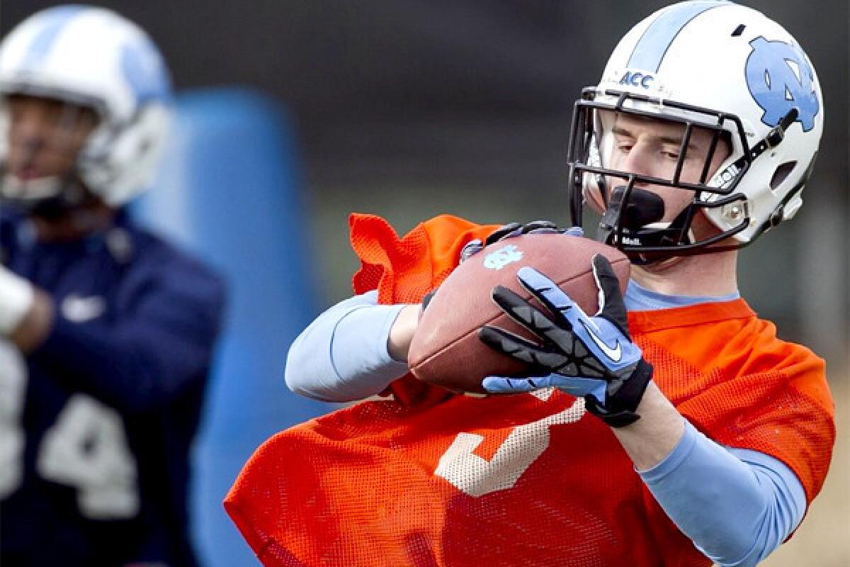North Carolina wide receiver Ryan Switzer focuses on the ball during a catching drill during the Tar Heels' spring practice Wednesday.