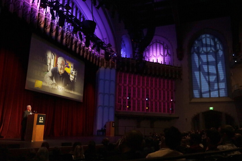 Author Luis J. Rodriguez becomes emotional while accepting the Robert Kirsch Award.