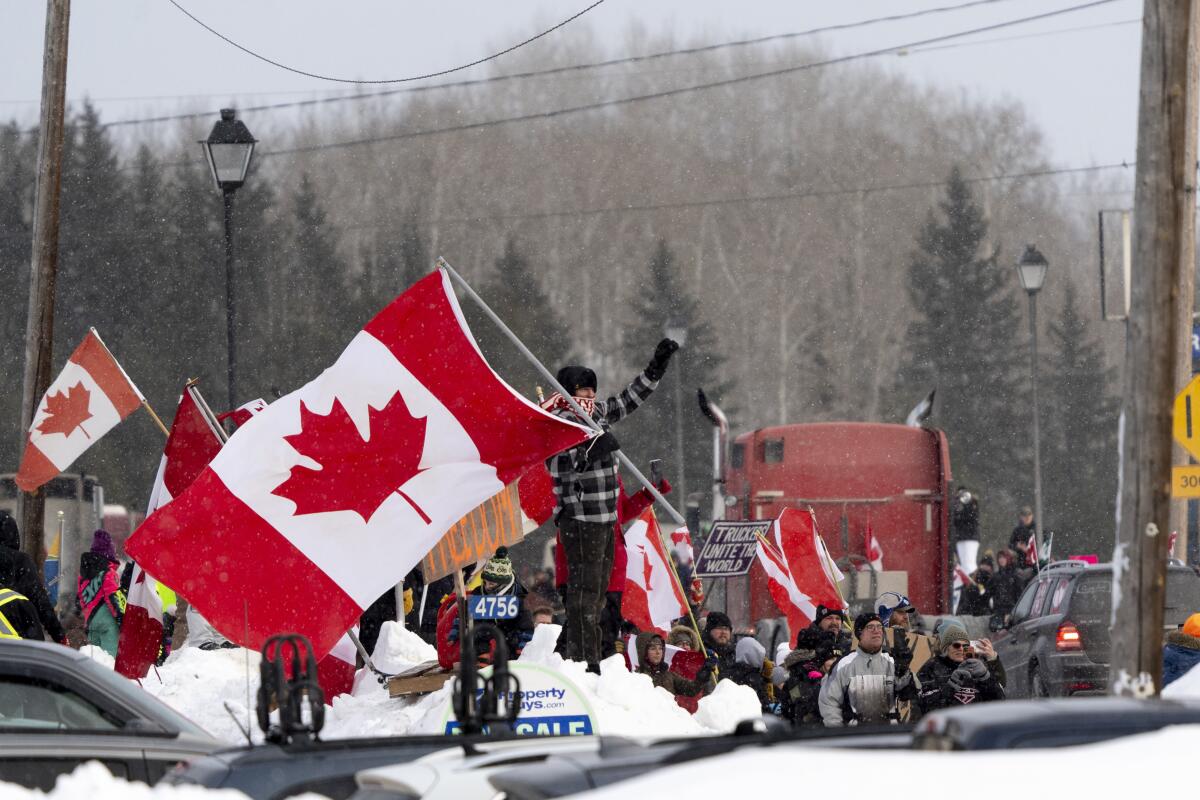 People in a crowd hold the Canadian flag and cheer as vehicles drive by