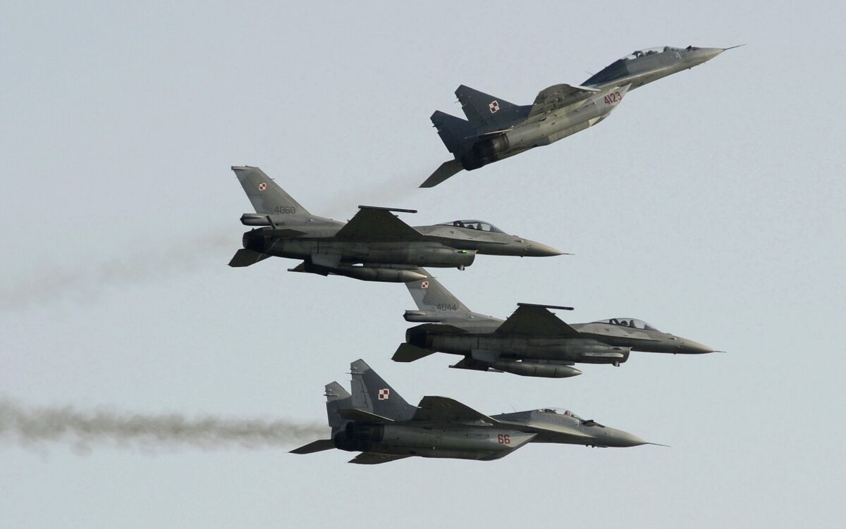 MiG-29 fighter jets in formation