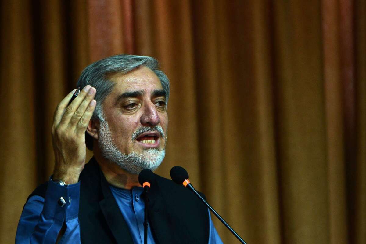 Afghan presidential candidate Abdullah Abdullah speaks during a news conference at his home in Kabul, Afghanistan, on Monday.