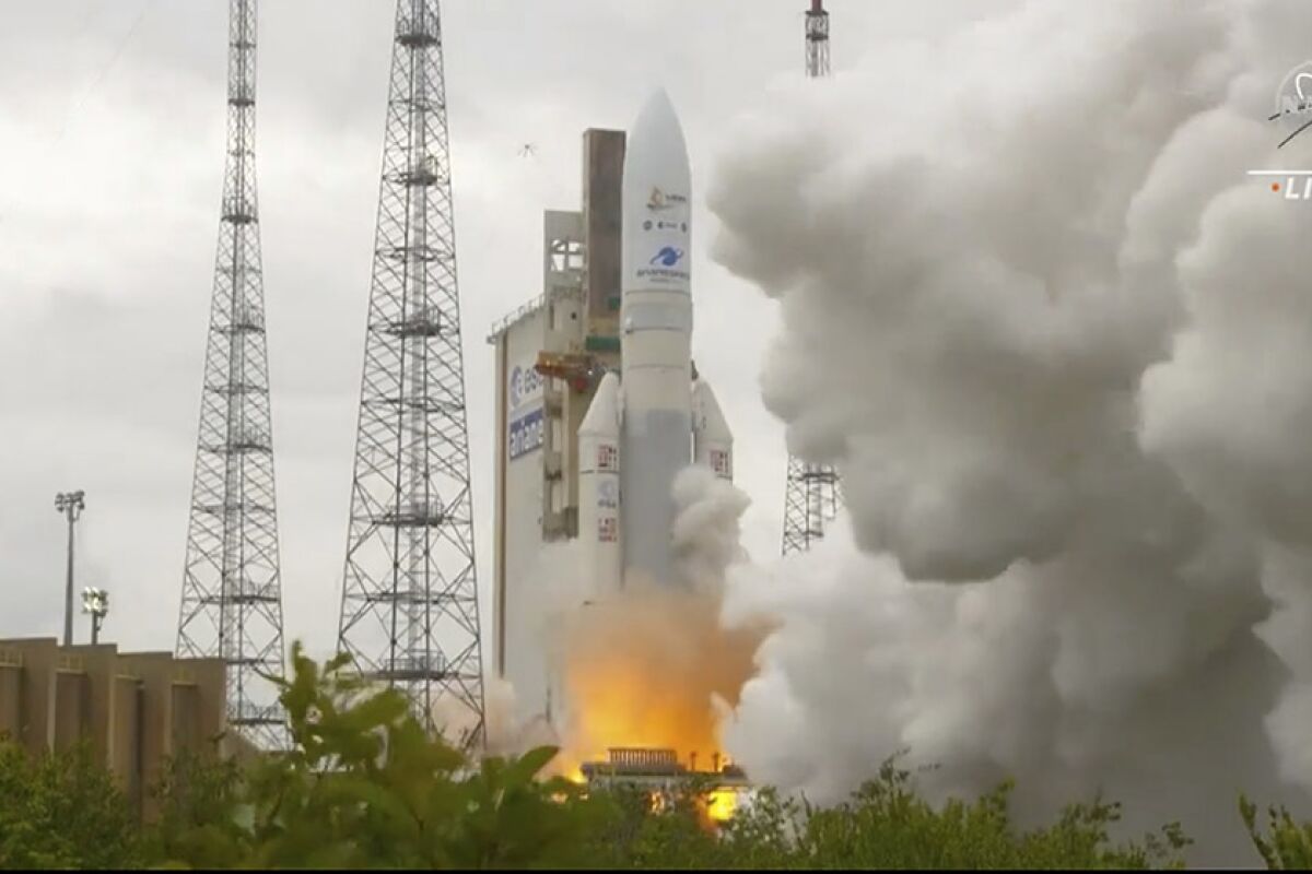 An Ariane 5 rocket with the Webb telescope onboard lifts off from French Guiana on Saturday.