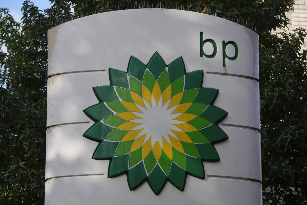 FILE - A logo of BP is seen at a gas station in London, on Nov. 1, 2022. British energy company BP reported record annual earnings on Tuesday, Feb. 7, 2023 amid growing calls for the U.K. government to boost taxes on companies profiting from the high price of oil and natural gas after Russia’s invasion of Ukraine. (AP Photo/Kin Cheung, File)