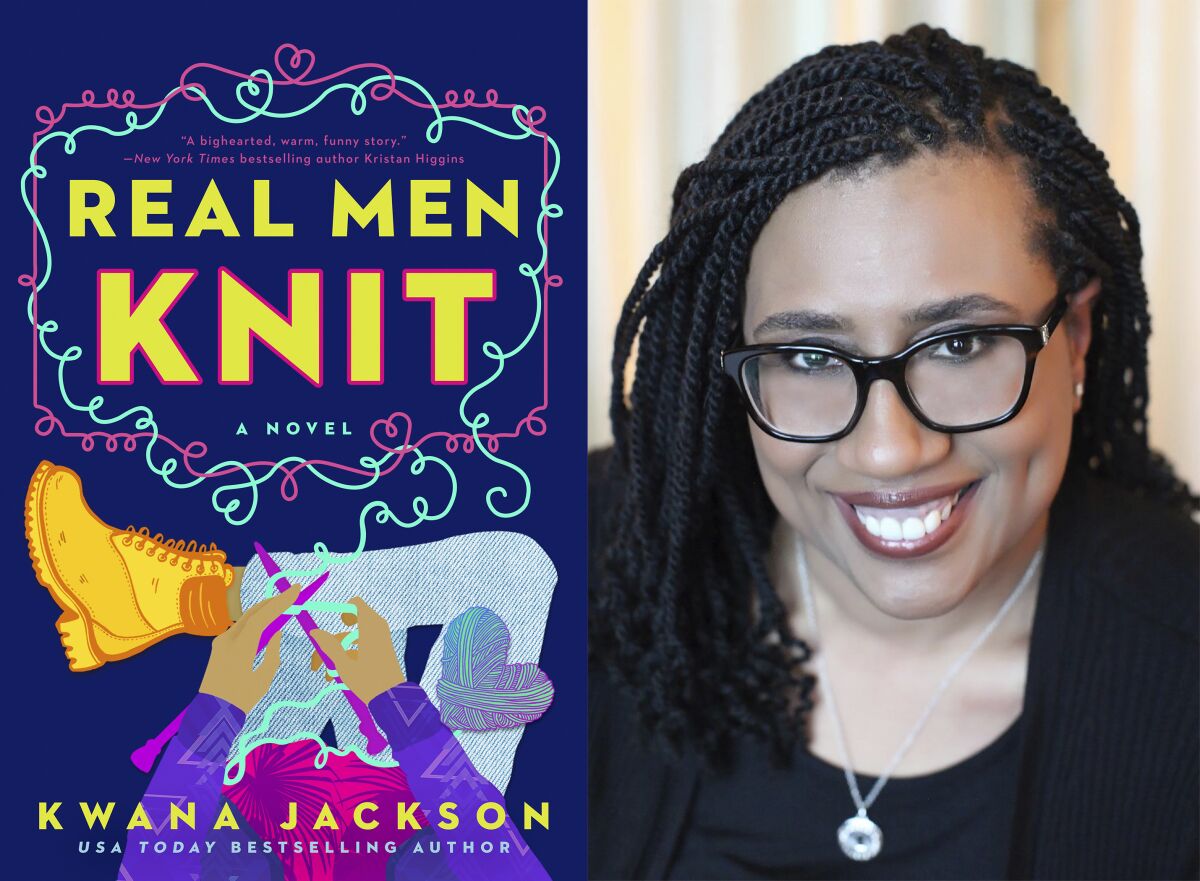 This combination photo shows cover art for "Real Men Knit," left, and a portrait of author Kwana Jackson. Her 2020 novel about four brothers in New York’s Harlem was optioned by a production company for a potential TV series. What Jackson calls a dream come true is a pragmatic reflection of the unprecedented number of TV outlets in need of shows and growing pressure for inclusive fare — a one-two punch creating opportunities for overlooked writers and ignored perspectives. (Berkley, left, and Colleeen Katana via AP)