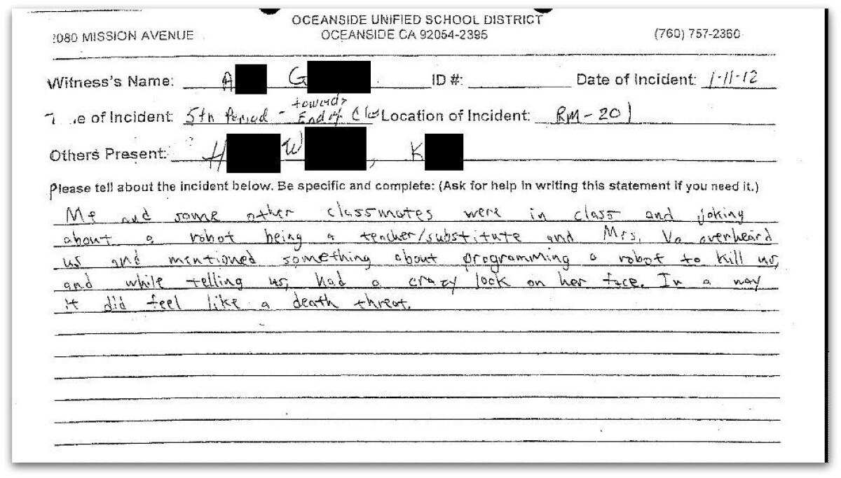 A student's report to the district about Ms. Vo's statements on Jan. 11, 2012.