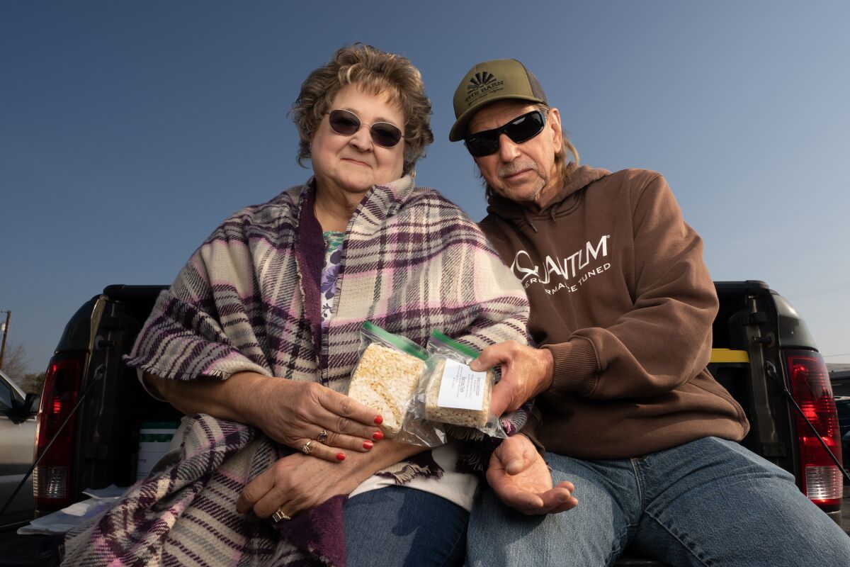 A man and woman holding baked goods while seated with sunglasses on the flatbed of a pickup truck