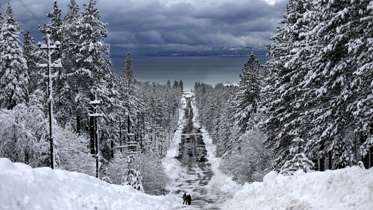 The recent storm dropped large amounts of snow along Ski Run Boulevard in South Lake Tahoe.