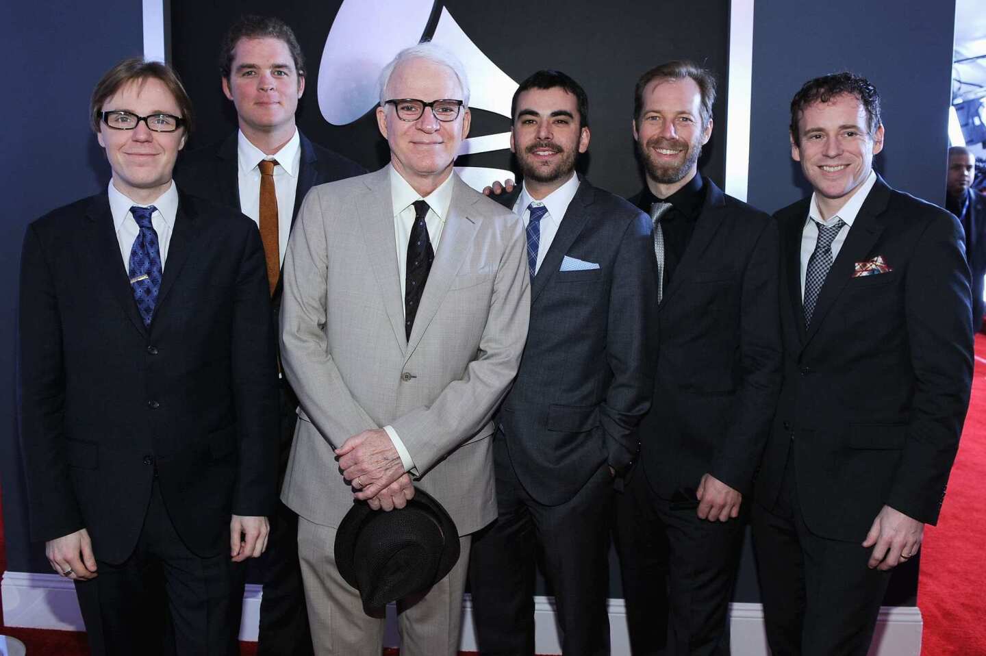 Mike Guggino, Woody Platt, Steve Martin, Nicky Sanders, Graham Sharp and Charles Humprey III of Steve Martin and the Steep Canyon Rangers are nominees in the bluegrass album category.