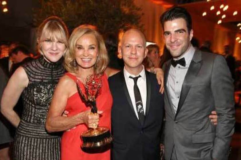 Lily Rabe, left, Jessica Lange, Ryan Murphy and Zachary Quinto attend a post-Emmy party in September 2012.