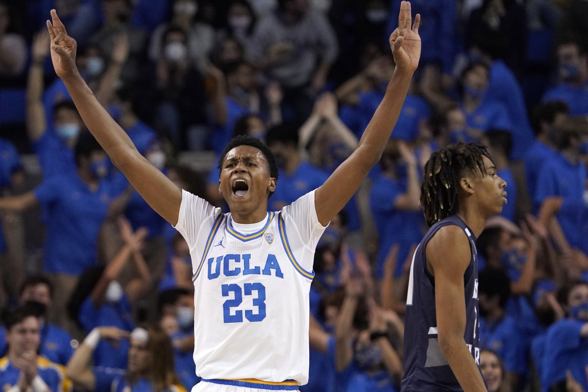 UCLA guard Peyton Watson celebrates a Bruins basket against North Florida on Nov. 17 at Pauley Pavilion.