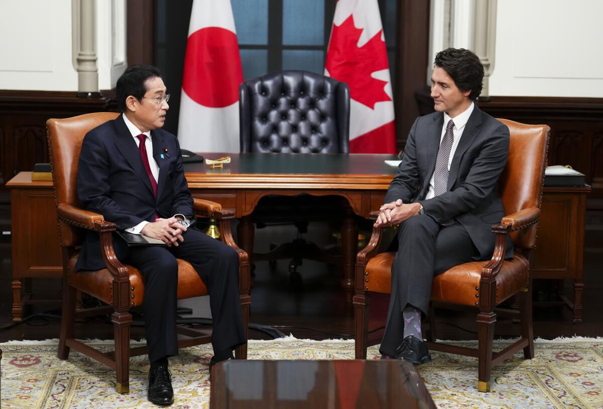 Prime Minister Justin Trudeau meets with Prime Minister of Japan Fumio Kishida on Parliament Hill in Ottawa on Thursday, Jan. 12, 2023. (Sean Kilpatrick /The Canadian Press via AP)