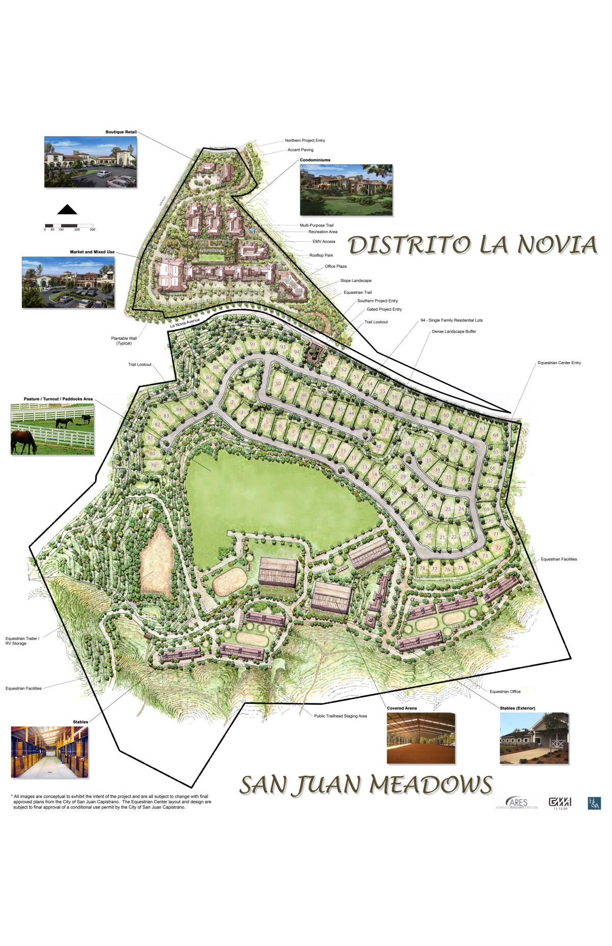 rendered map of the  planned 154-acre Distrito La Novia-San Juan Meadows development