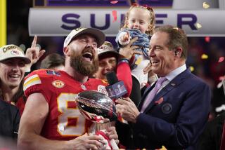 Kansas City Chiefs tight end Travis Kelce (87) celebrates after the NFL Super Bowl 58 football game.