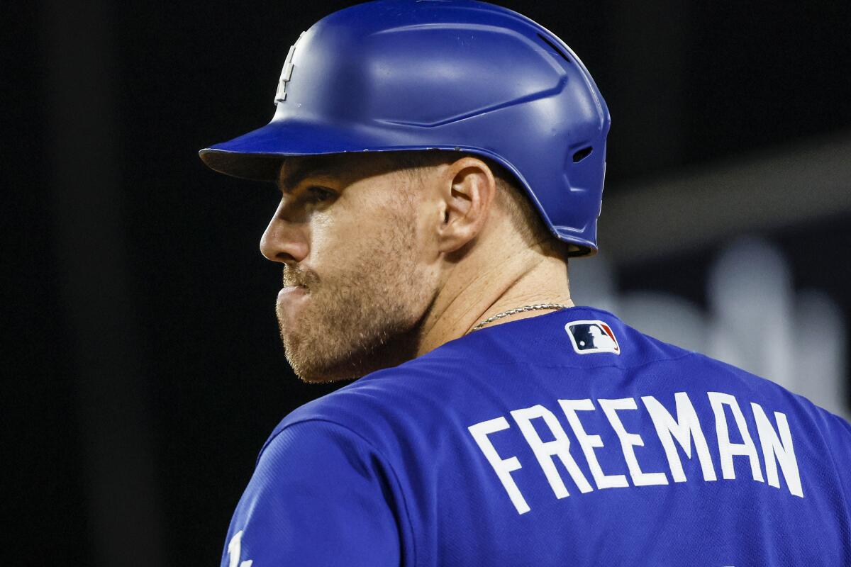 Dodgers first baseman Freddie Freeman stands on base.