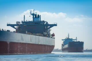 Ships anchored off the Port of Long Beach.