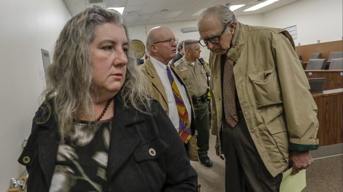 Mona Kirk, left, and Daniel Panico, a Joshua Tree couple accused of child abuse in March, appear in court Wednesday.