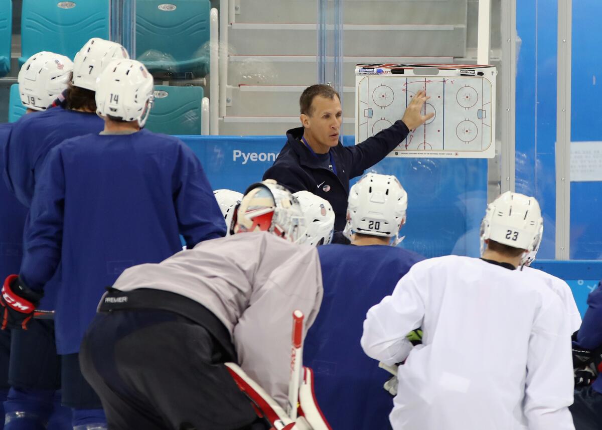 Coach Tony Granato runs a U.S. men's hockey practice at the Gangneung Hockey Center on Feb. 9.
