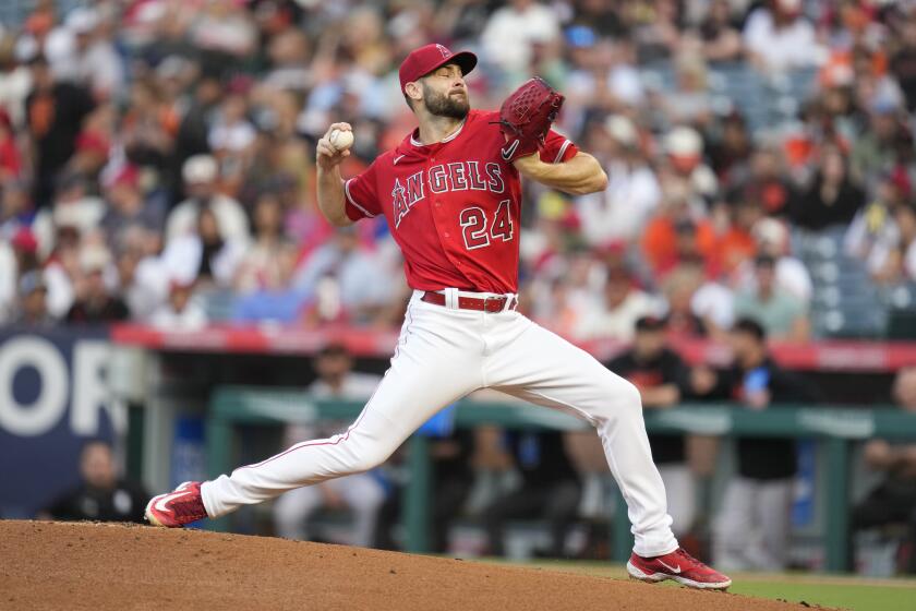 Los Angeles Angels starting pitcher Lucas Giolito (24) throws during the first inning of a baseball game against the San Francisco Giants in Anaheim, Calif., Tuesday, Aug. 8, 2023. (AP Photo/Ashley Landis)