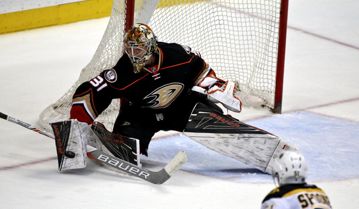 Ducks goalie Frederik Andersen made 38 saves in the 4-0 win over Boston on Friday night.