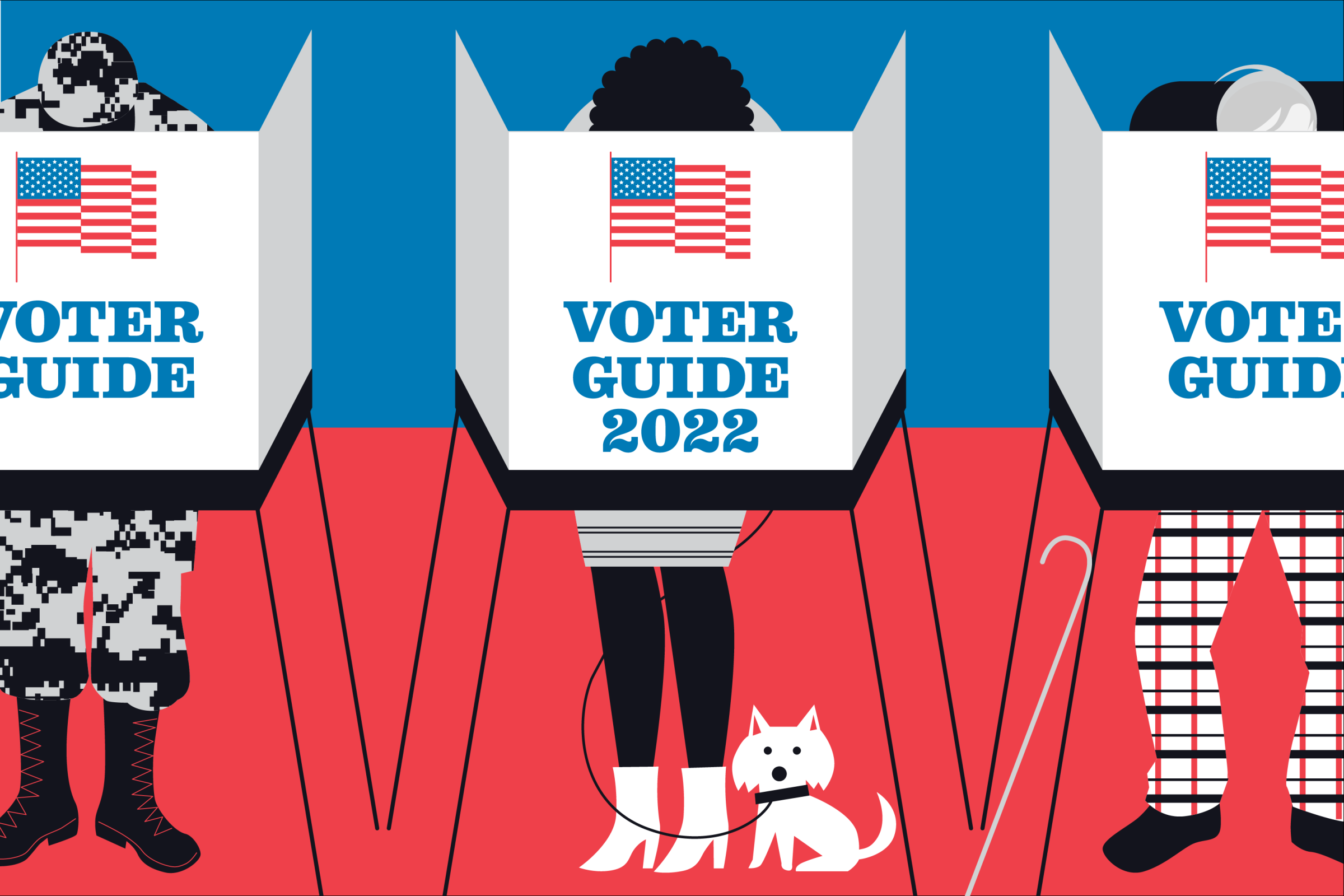 An illustrated graphics shows the legs of three people standing behind voting booths, one with a small white dog at her feet