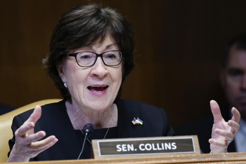 FILE - Sen. Susan Collins, R-Maine, speaks during hearing on the fiscal year 2023 budget for the FBI in Washington, May 25, 2022. A bipartisan group of senators, including Collins, released proposed changes July 20, to the Electoral Count Act, the post-Civil War-era law for certifying presidential elections that came under intense scrutiny after the Jan. 6 attack on the Capitol and Donald Trump's effort to overturn the 2020 election. (Ting Shen/Pool Photo via AP, File)