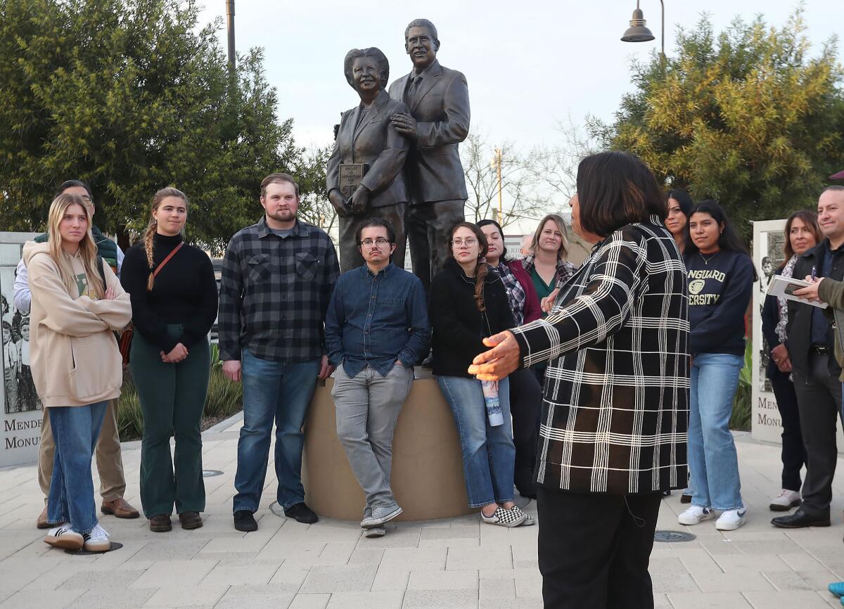 Sylvia Mendez shares her stories and personal history at Mendez Tribute Monument Park to Vanguard students on Tuesday.