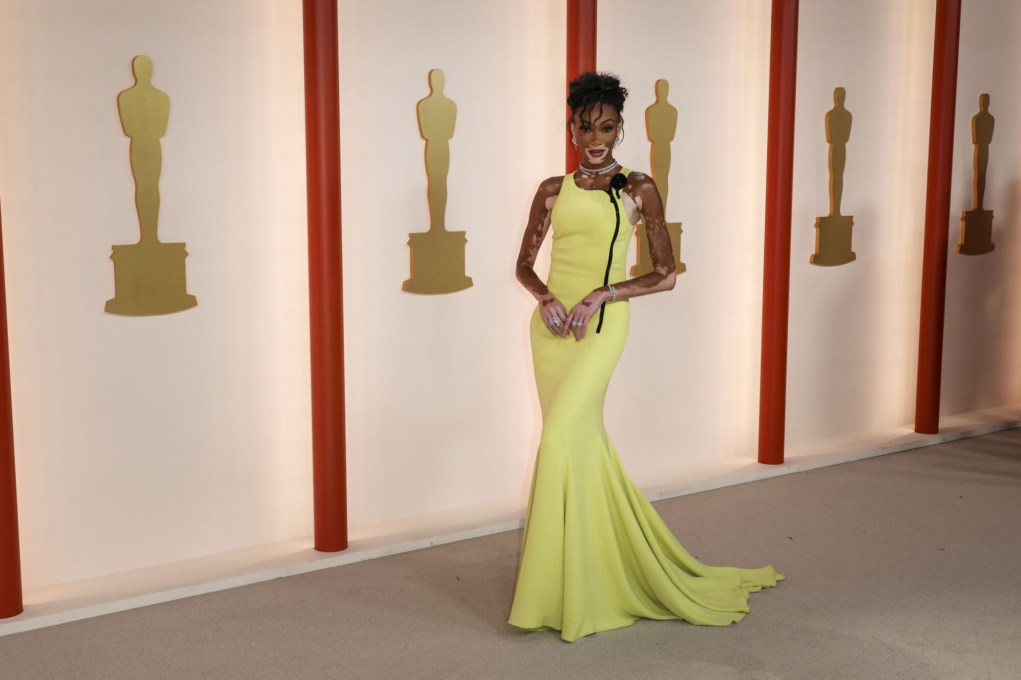
Winnie Harlow in a diaphanous yellow sleeveless gown