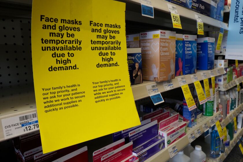 Mandatory Credit: Photo by JOHN G MABANGLO/EPA-EFE/REX (10569239a) A shelf of sold out protective masks and low supply of protective gloves at a CVS Pharmacy in Oakland, California, USA, 27 February 2020. The Centers for Disease Control and Prevention confirmed a possible first case of person-to-person transmission of novel coronavirus (COVID-19) in California that may be the first infection without a known link to travel abroad. California's Response to First Case of Person-To-Person Transmission of COVID-19, Oakland, USA - 27 Feb 2020 ** Usable by LA, CT and MoD ONLY **
