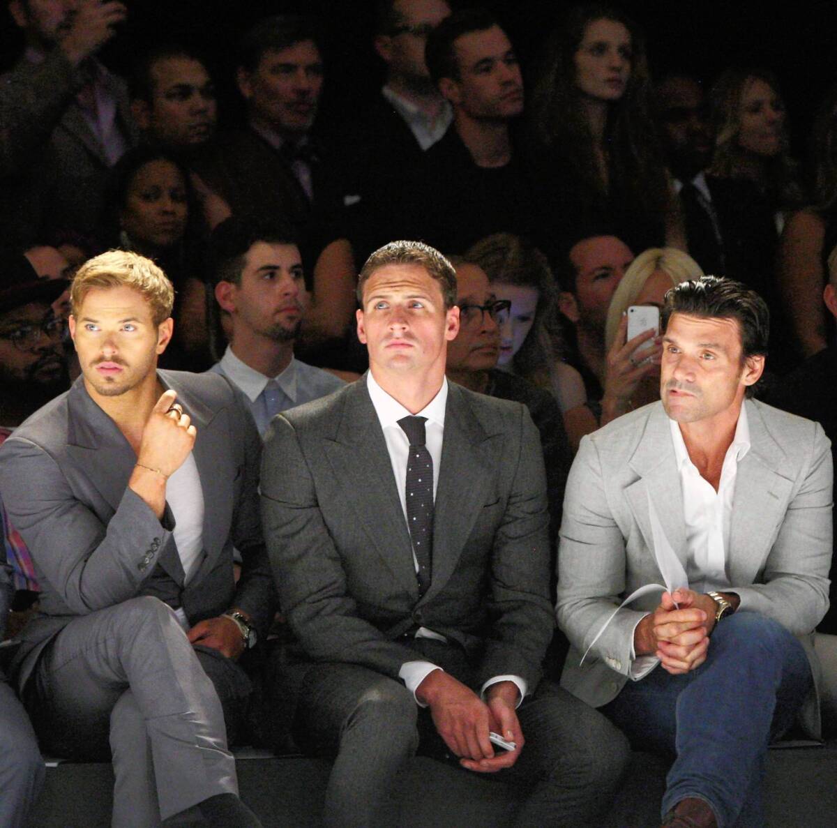 Brad Richards, left, Kellan Lutz and Ryan Lochte are seated front row at Joseph Abboud.