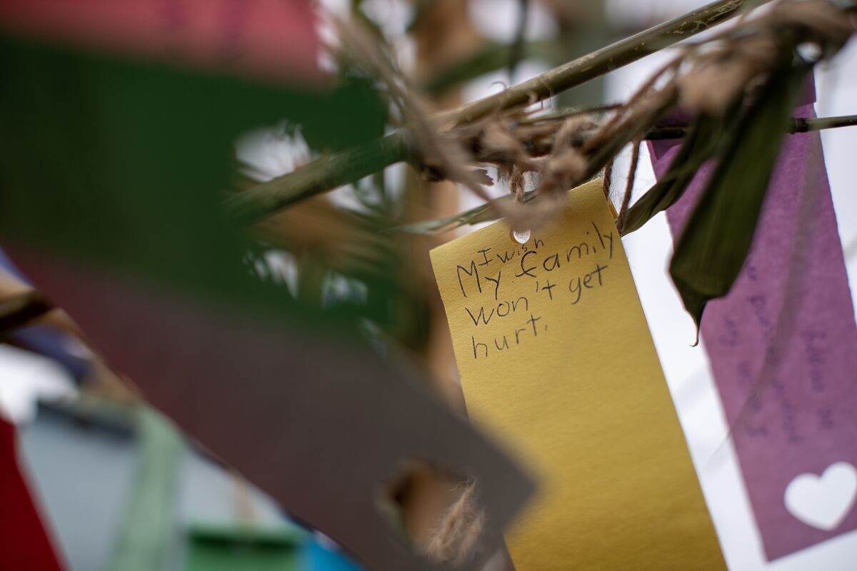 A message stands out among wishes hanging from the wishing tree.