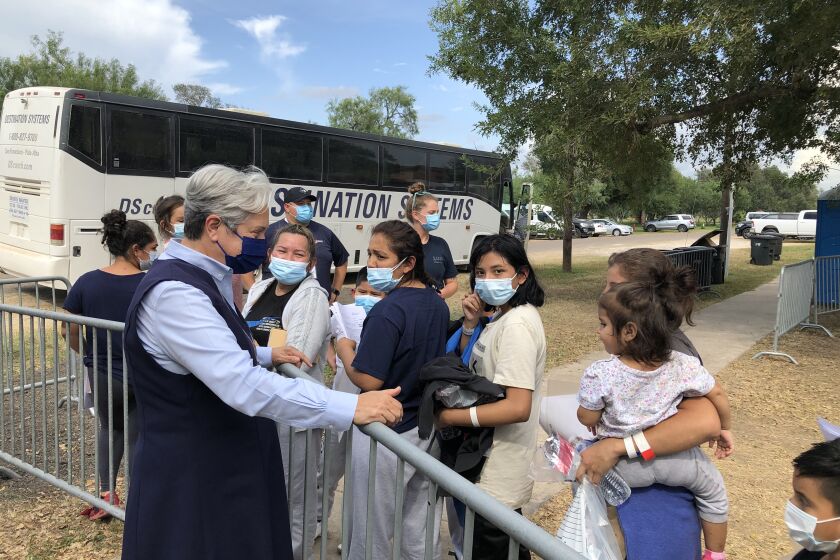 Sister Norma Pimentel greets migrants at Anzalduas Park