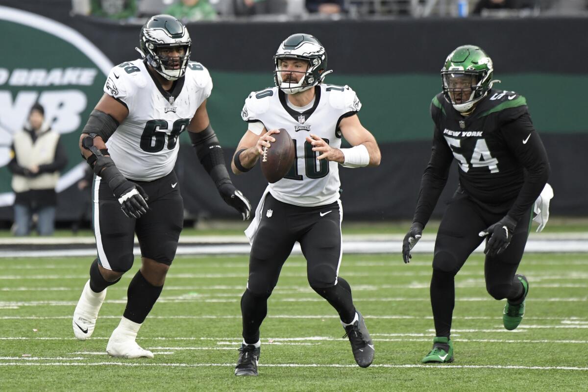 Philadelphia Eagles quarterback Gardner Minshew looks to pass against the New York Jets in the second half.