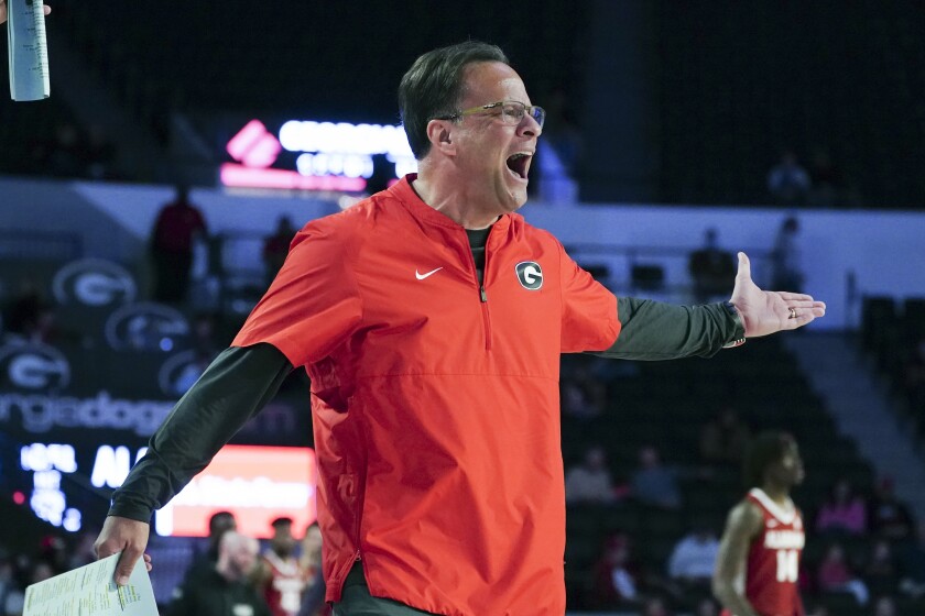FILE - Georgia head coach Tom Crean yells to his players on the court in the first half of an NCAA college basketball game against Alabama, Jan. 25, 2022, in Athens, Ga. Crean is facing increasing backlash about his job performance in his fourth season as Georgia's coach as the losses mount. (AP Photo/John Bazemore, File)