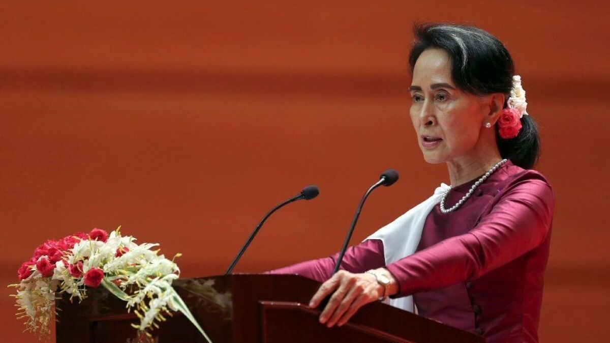 Myanmar State Counselor Aung San Suu Kyi delivers a televised speech to the nation Sept. 19, 2017, in Naypyidaw.