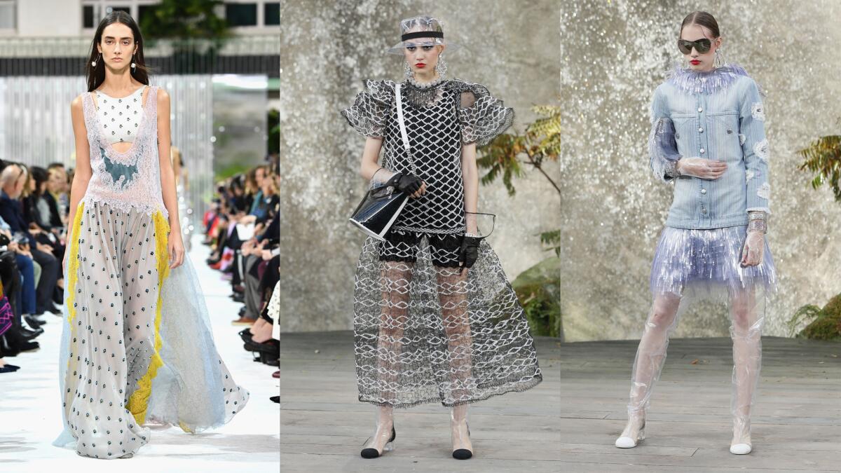 Transparent looks from Valentino, left, and Chanel.