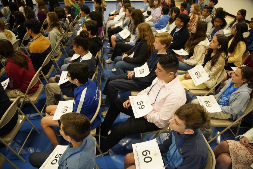 San Diego, California - March 14: The annual San Diego County Spelling Bee. More than 80 students from grades 6-8 are participating. First rounds of competition at the Jackie Robinson YMCA in Mountain View on Thursday, March 14, 2024 in San Diego, California. (Alejandro Tamayo / The San Diego Union-Tribune)