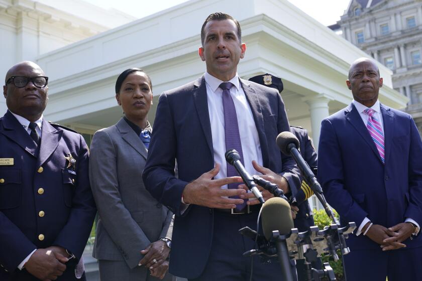 FILE - San Jose Mayor Sam Liccardo, second from right, talks to reporters outside the West Wing of the White House in Washington, July 12, 2021. Nearly two months after the election, a recount settled the outcome in a Northern California U.S. House primary race, breaking a mathematically improbable tie for second place but leaving questions about why the vote-counting took so long. (AP Photo/Susan Walsh, File)