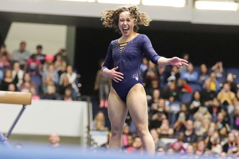 Katelyn Ohashi performs on Jan. 12 2019 for a gymnastics meet of the UCLA Bruins.