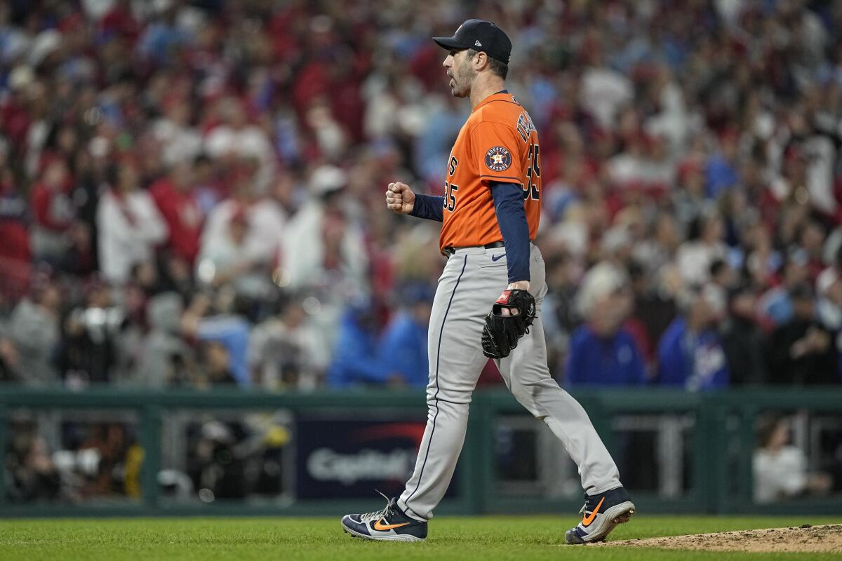 Houston Astros pitcher Justin Verlander celebrates the last out in the fifth inning in Game 5 of the World Series.