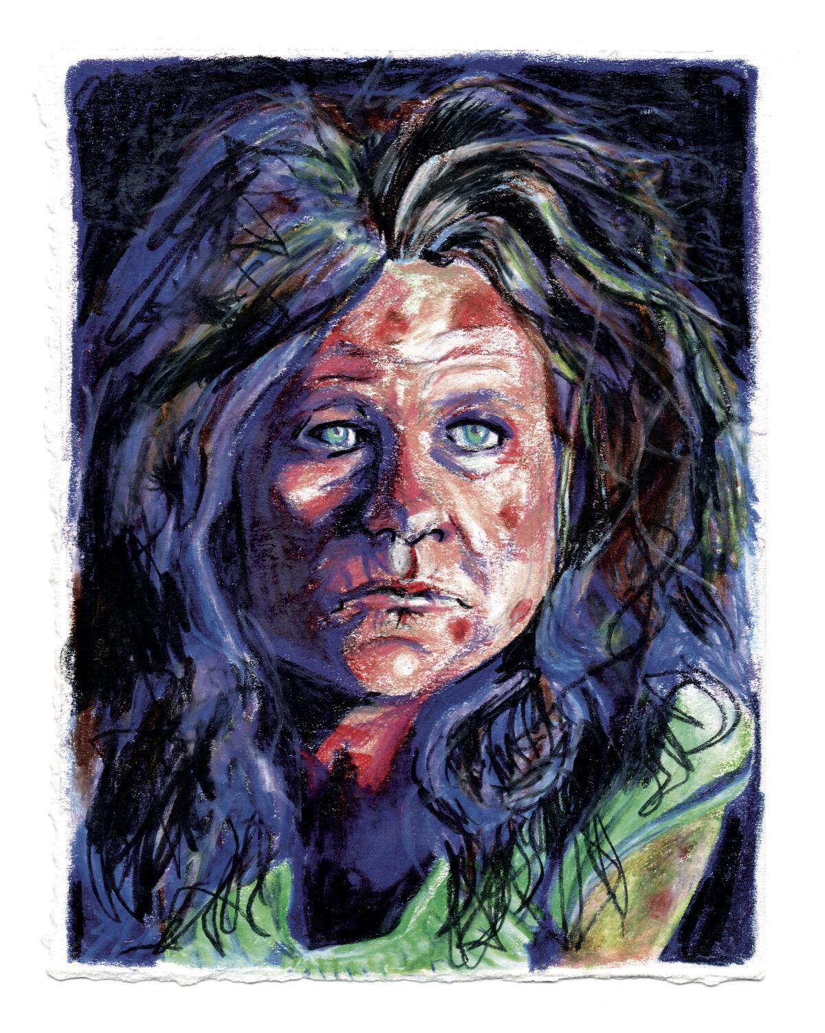 A colored pencil drawing of a haggard woman.