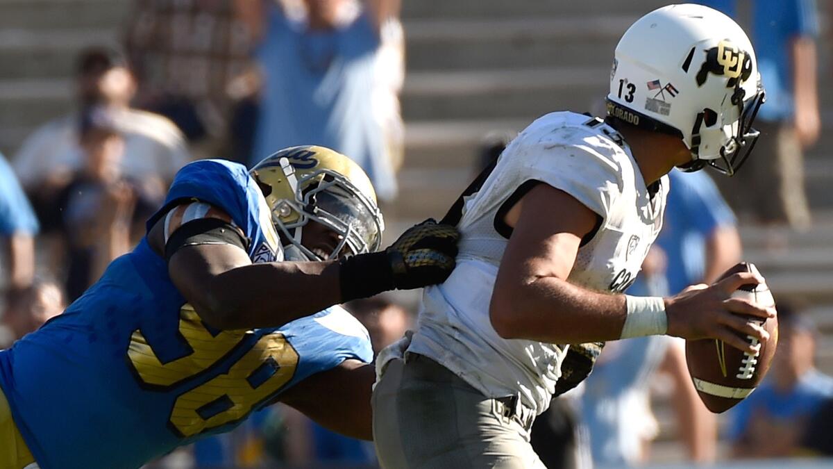 UCLA hopes to pressure Washington State's quarterback as linebacker Takkarist McKinley did against Colorado on Oct. 31.