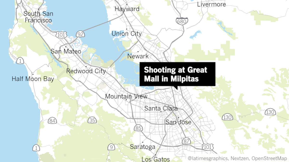 Map of the Bay Area with a label that says Shooting at Great Mall in Milpitas