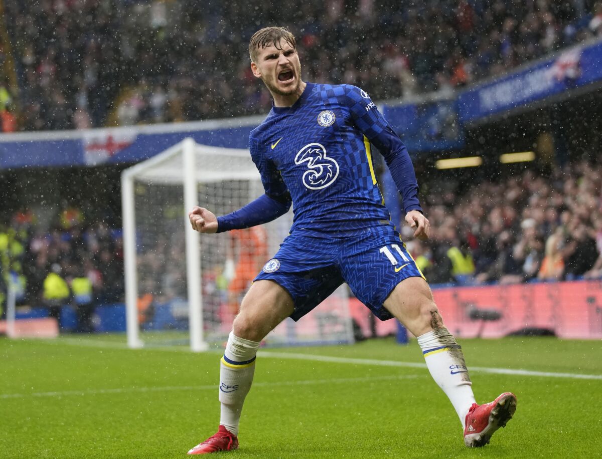 Chelsea's Timo Werner celebrates after scoring his side's second goal during the English Premier League soccer match between Chelsea and Southampton at Stamford Bridge Stadium in London, Saturday, Oct. 2, 2021. (AP Photo/Kirsty Wigglesworth)