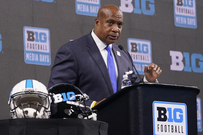 Big Ten Commissioner Kevin Warren talks to reporters during an NCAA college football news conference