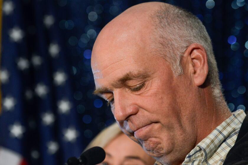 FILE - In this May 25, 2017, file photo, Greg Gianforte celebrates his win over Rob Quist for Montana's open congressional seat in Bozeman, Mont. Gianforte issued an apology letter Wednesday, June 7 and said he plans to donate money to a journalism advocacy organization as part of a settlement agreement with a reporter he is accused of assaulting. In exchange, Guardian reporter Ben Jacobs agreed not to sue Gianforte over the attack, and he will not object to Gianforte entering a âno contestâ plea to the misdemeanor assault charge the Republican faces from the May 24 encounter. (Rachel Leathe/Bozeman Daily Chronicle via AP, File)